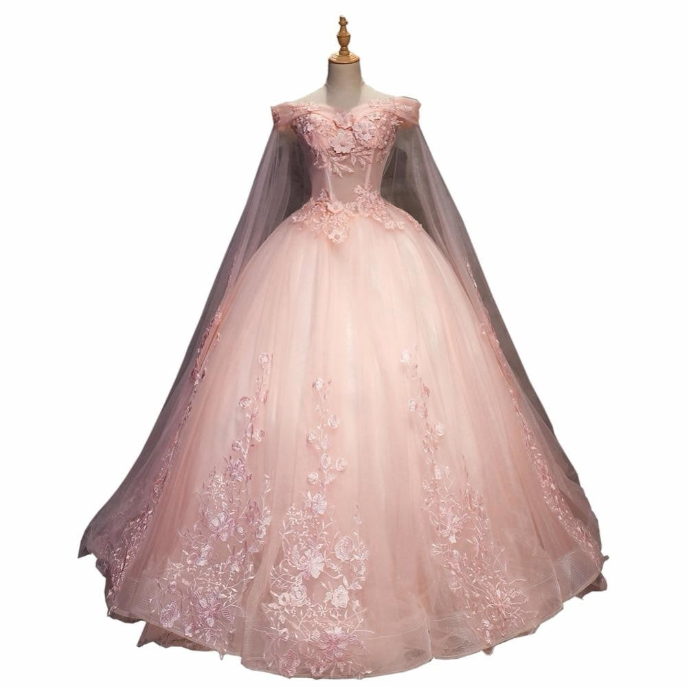 Quinceanera Dress Appliques Beading Floor-Length Pink Tulle Formal Dress - TulleLux Bridal Crowns &  Accessories 