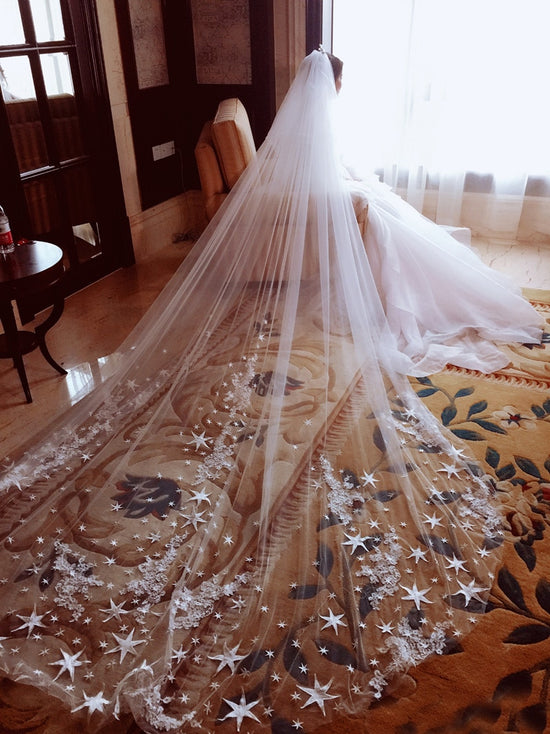 Luxury 4 Meters Full Edge with Star Lace Bling Sequins Long Wedding Veil with Comb - TulleLux Bridal Crowns &  Accessories 