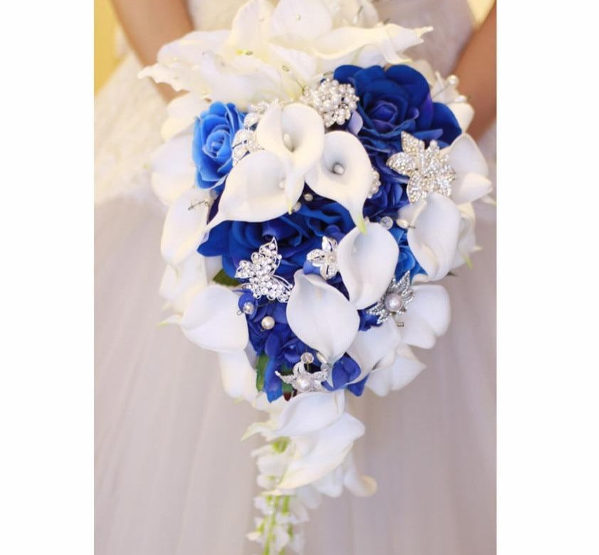 Royal Blue Artificial Flowers Waterfall Wedding Bridal Bouquet With Crystal Brooch - TulleLux Bridal Crowns &  Accessories 