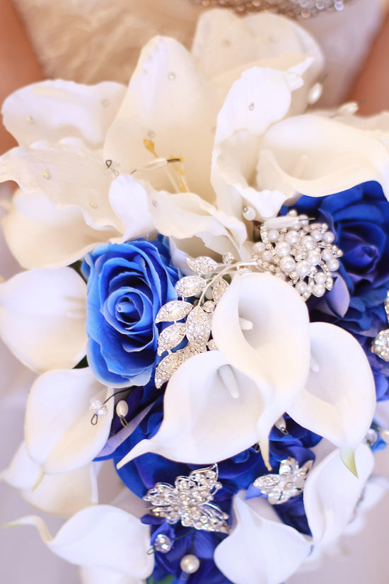 Royal Blue Artificial Flowers Waterfall Wedding Bridal Bouquet With Crystal Brooch - TulleLux Bridal Crowns &  Accessories 
