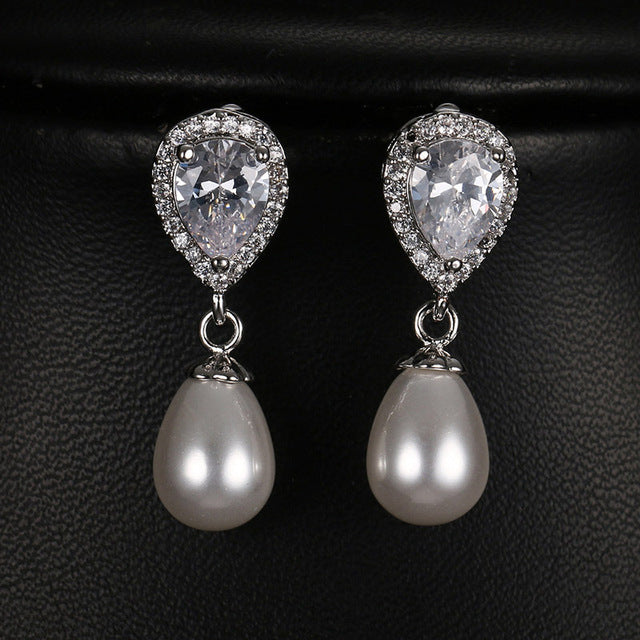 Load image into Gallery viewer, Luxury Elegant Water Drop Bridal Pearl AAA Cubic Zirconia Long Drop Earrings
