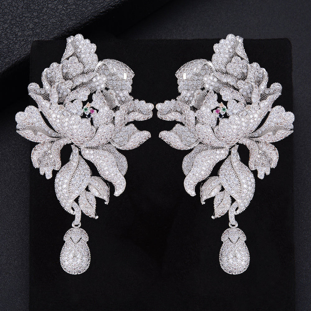 Luxury Peony Flower Blossom Cubic Zirconia Long Drop Wedding Bridal Earrings - TulleLux Bridal Crowns &  Accessories 