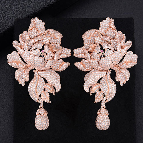 Load image into Gallery viewer, Luxury Peony Flower Blossom Cubic Zirconia Long Drop Wedding Bridal Earrings - TulleLux Bridal Crowns &amp;amp;  Accessories 
