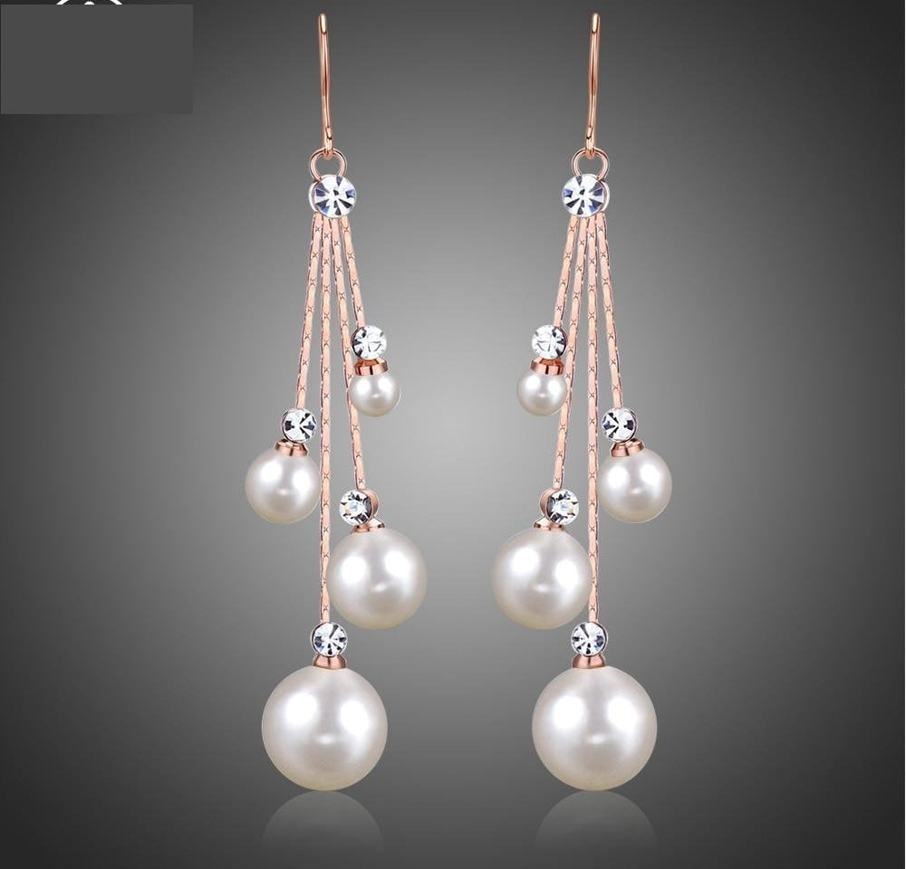 Crystal Simulated Pearl Four Chain Bridal Long Dangle  Earrings - TulleLux Bridal Crowns &  Accessories 