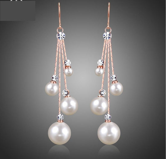 Crystal Simulated Pearl Four Chain Bridal Long Dangle  Earrings - TulleLux Bridal Crowns &  Accessories 