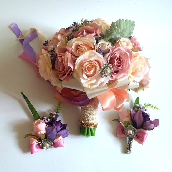 Load image into Gallery viewer, Wedding Bouquet Set Boutonniere and Wrist Flower Corsage Bouquet Bridesmaid Bridal Bouquet - TulleLux Bridal Crowns &amp;amp;  Accessories 
