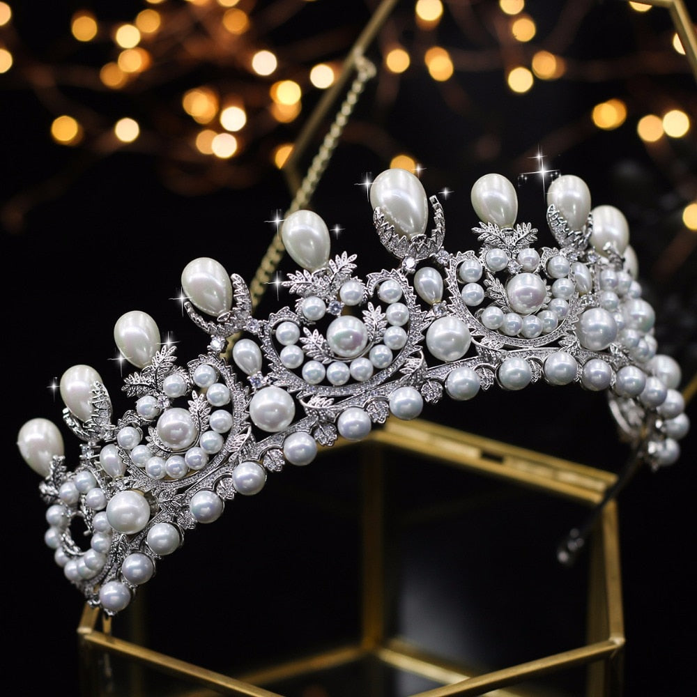 Gorgeous Wedding Tiara Bridal Crowns with Big Pearl Zircon Crystals Tiara de Novia - TulleLux Bridal Crowns &  Accessories 