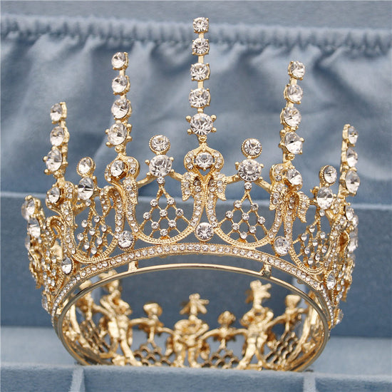 Gold Full Round Queen King Tiara Crown Pageant  Bridal Wedding - TulleLux Bridal Crowns &  Accessories 