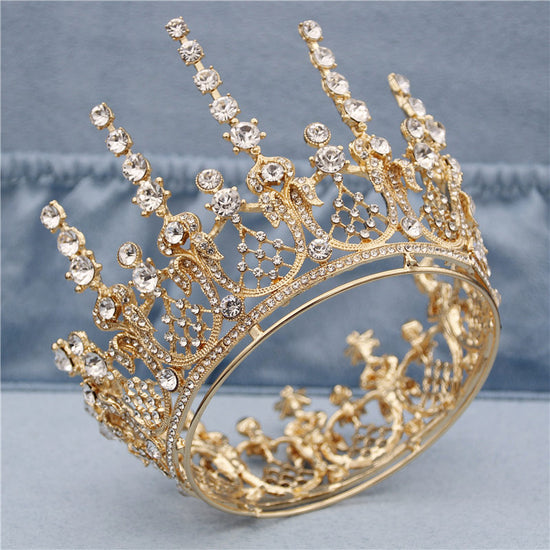Load image into Gallery viewer, Gold Full Round Queen King Tiara Crown Pageant  Bridal Wedding - TulleLux Bridal Crowns &amp;amp;  Accessories 
