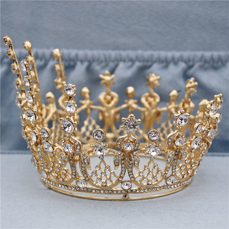 Load image into Gallery viewer, Gold Full Round Queen King Tiara Crown Pageant  Bridal Wedding - TulleLux Bridal Crowns &amp;amp;  Accessories 
