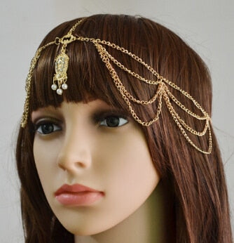 India Bohemian Gold Metal Leaves Tassel Rhinestone Head Chain Hair Jew –  TulleLux Bridal Crowns & Accessories