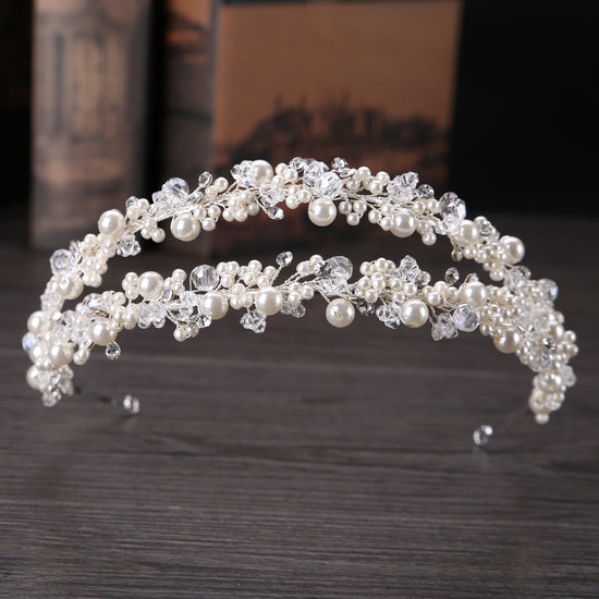 Load image into Gallery viewer, Double Row Pearl Crystal Bridal Wedding Headband - TulleLux Bridal Crowns &amp;amp;  Accessories 
