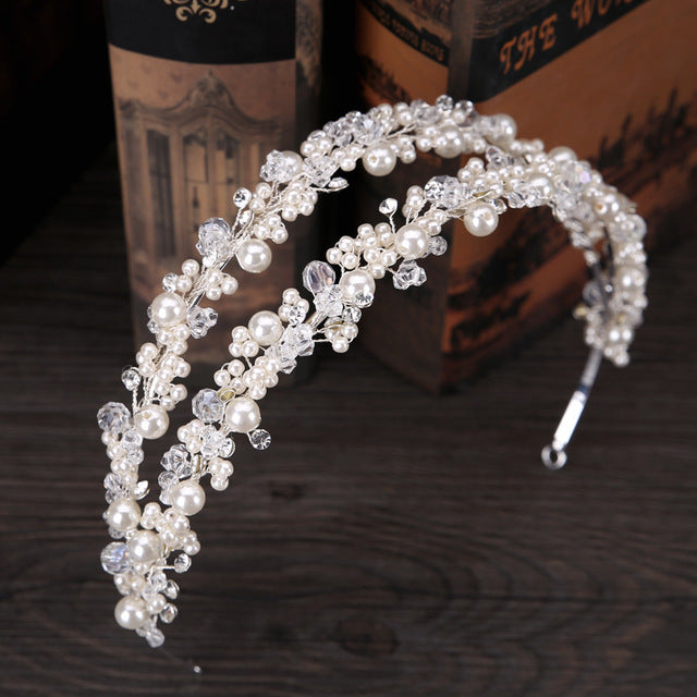 Double Row Pearl Crystal Bridal Wedding Headband - TulleLux Bridal Crowns &  Accessories 