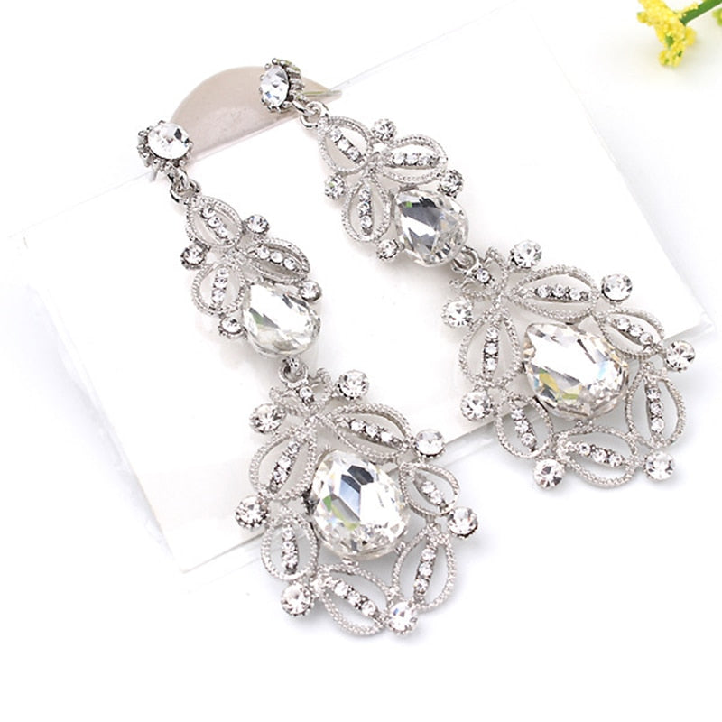 Long Crystal Drop Earrings Vintage  Colors Flower Earrings  Wedding - TulleLux Bridal Crowns &  Accessories 