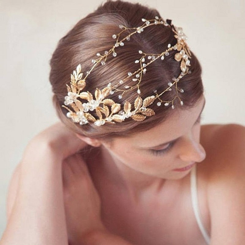 Boho Pearl Gold Leaf Dainty Bridal Headpiece