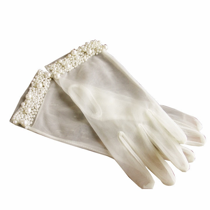 Elegant Pearl Beaded Translucent Finger Bridal Gloves - TulleLux Bridal Crowns &  Accessories 
