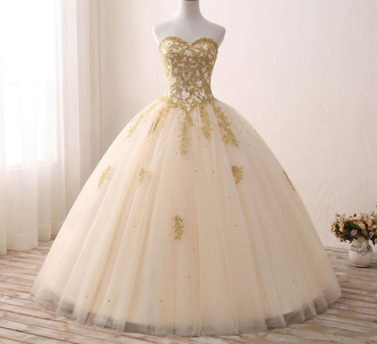 Load image into Gallery viewer, Gold Princess Ball Gown Quinceañera Lace Appliques Beaded Ball Gown - TulleLux Bridal Crowns &amp;amp;  Accessories 
