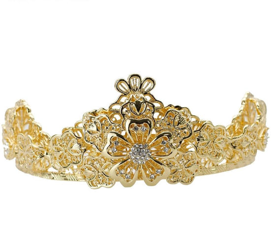 Load image into Gallery viewer, Gold Flower Small Tiaras For Bridal Wedding Crown Headband - TulleLux Bridal Crowns &amp;amp;  Accessories 
