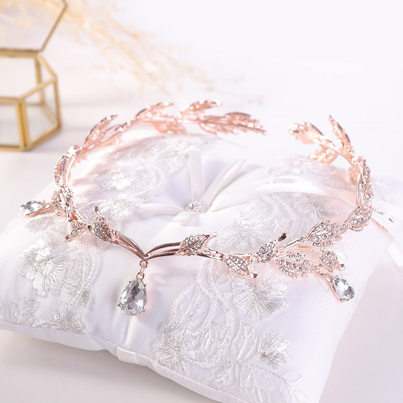 Rose Gold Crystal Crown Bridal Hair Accessory Wedding Rhinestone Teardrop Leaf Tiara  Frontlet Bride Hair Jewelry - TulleLux Bridal Crowns &  Accessories 