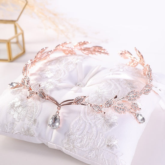 Rose Gold Crystal Crown Bridal Hair Accessory Wedding Rhinestone Teardrop Leaf Tiara  Frontlet Bride Hair Jewelry - TulleLux Bridal Crowns &  Accessories 