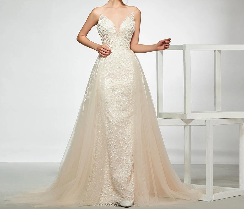 Elegant V Neck  Mermaid Trumpet Wedding Dress with Detachable Train - TulleLux Bridal Crowns &  Accessories 