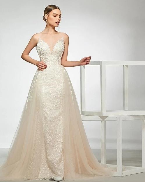 Elegant V Neck  Mermaid Trumpet Wedding Dress with Detachable Train - TulleLux Bridal Crowns &  Accessories 