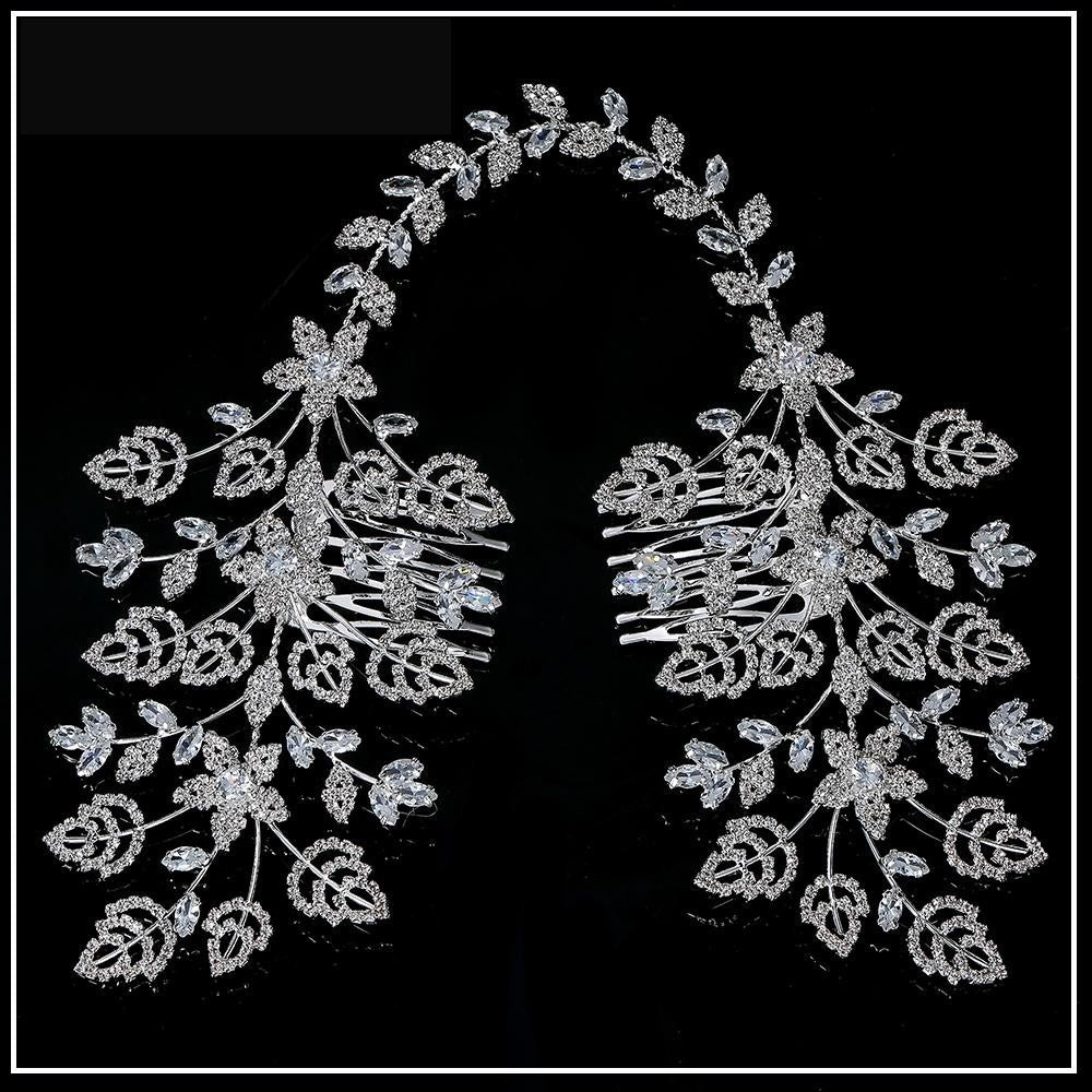 Sparkling Cubic Zirconia Leaf Design Double Bridal Hair Comb Wedding Accessory - TulleLux Bridal Crowns &  Accessories 