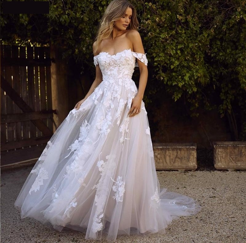 Load image into Gallery viewer, Tulle &amp;amp; Lace Off the Shoulder Appliques Princess Wedding Gown - TulleLux Bridal Crowns &amp;amp;  Accessories 
