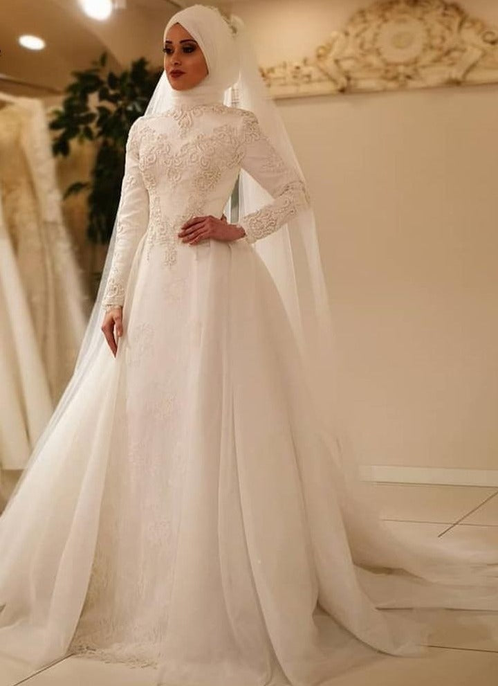 Elegant Long Sleeve O Neck Muslim Tulle Wedding Dress, Plus+ Sizes Available - TulleLux Bridal Crowns &  Accessories 