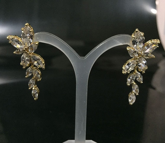 Marquise Cut Flower Cubic Zirconia Crystal Long Drop Earrings  Leaf  Bridal Wedding Jewelry - TulleLux Bridal Crowns &  Accessories 