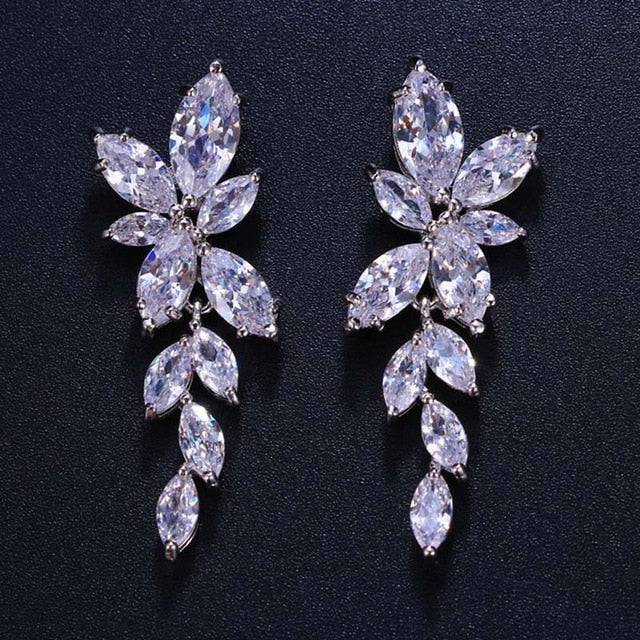 Marquise Cut Flower Cubic Zirconia Crystal Long Drop Earrings  Leaf  Bridal Wedding Jewelry - TulleLux Bridal Crowns &  Accessories 