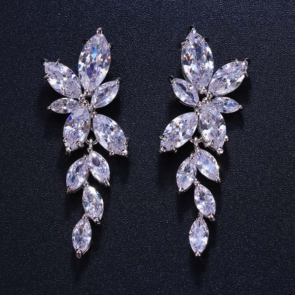 Marquise Cut Flower Cubic Zirconia Crystal Long Drop Earrings Leaf Bri ...