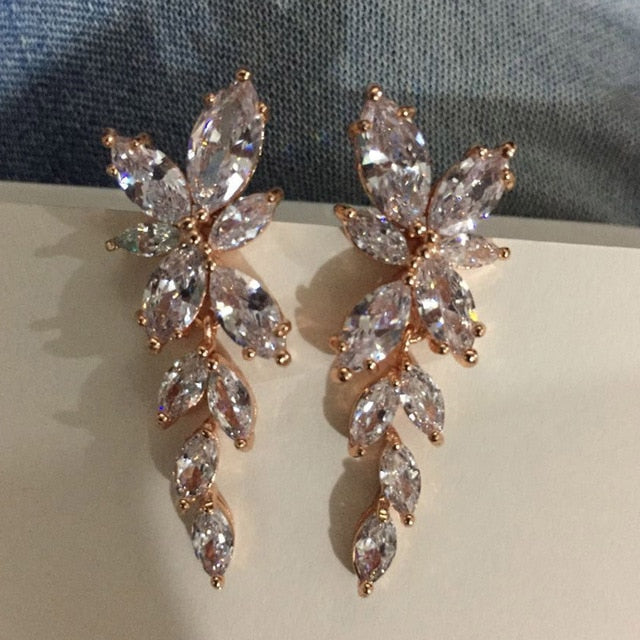 Marquise Cut Flower Cubic Zirconia Crystal Long Drop Earrings  Leaf  Bridal Wedding Jewelry - TulleLux Bridal Crowns &  Accessories 