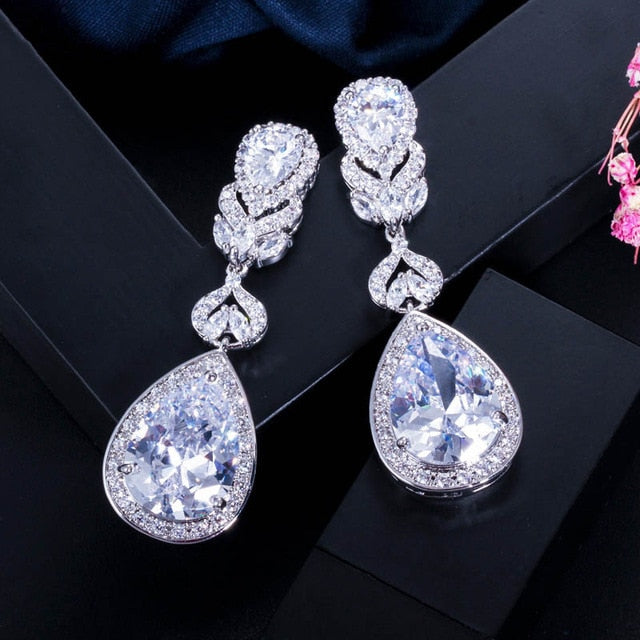 Cubic Zirconia Crystal Long Drop Dangle Pageant Earrings - TulleLux Bridal Crowns &  Accessories 