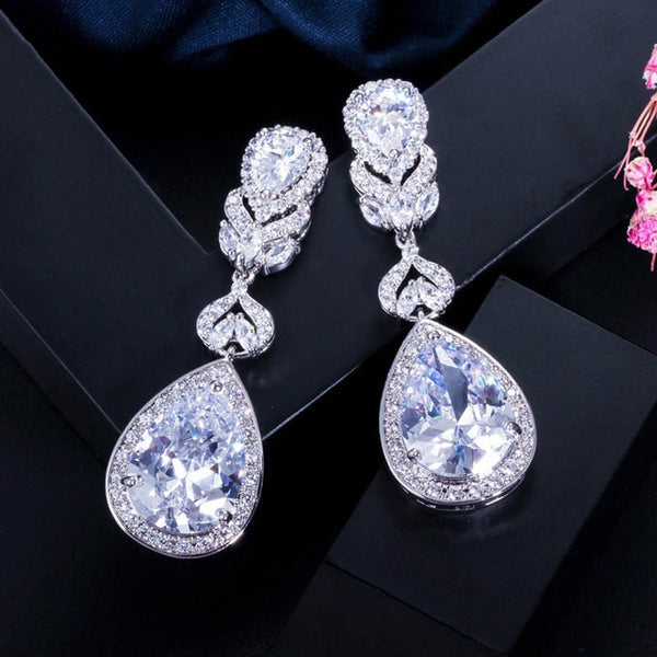 Cubic Zirconia Crystal Long Drop Dangle Pageant Earrings – TulleLux ...