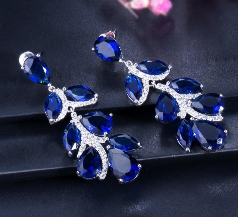 Royal Blue Crystal Long Leaf Dangle Earrings - TulleLux Bridal Crowns &  Accessories 