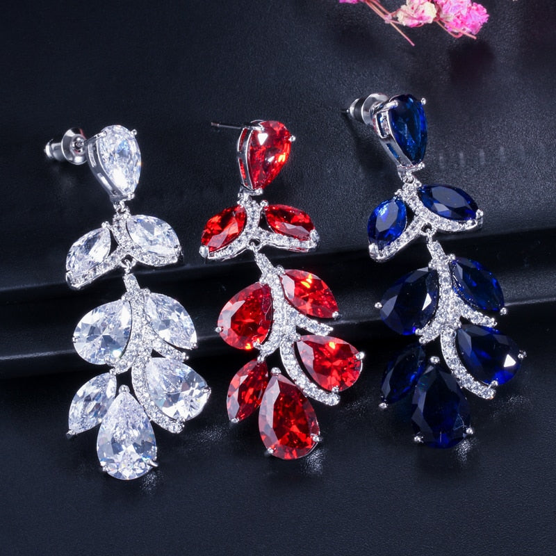 Royal Blue Crystal Long Leaf Dangle Earrings – TulleLux Bridal Crowns ...