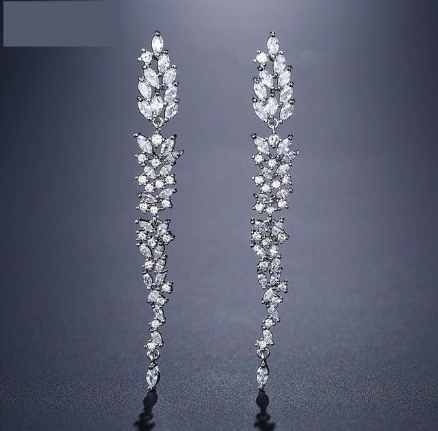 Exquisite Wedding Design Leaf Ear Line Long Dangle Drop Earrings - TulleLux Bridal Crowns &  Accessories 