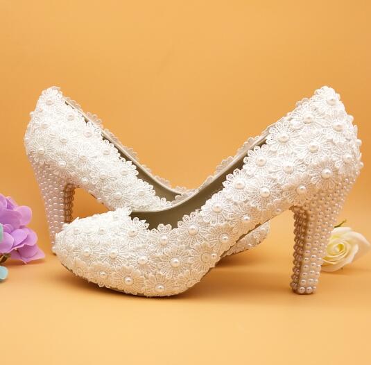 Lace bridal pearls wedding shoes high heel low heel flat bridesmaid prom  shoes | eBay