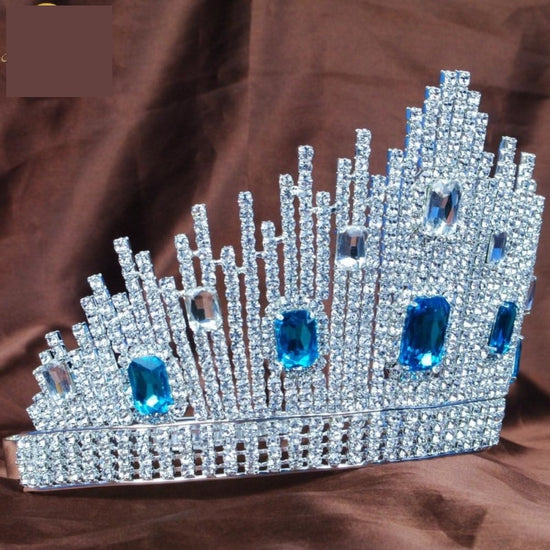 Load image into Gallery viewer, Amazing  Beauty Pageant Large Crown Blue Austrian Rhinestones Headband Fashion Jewelry - TulleLux Bridal Crowns &amp;amp;  Accessories 
