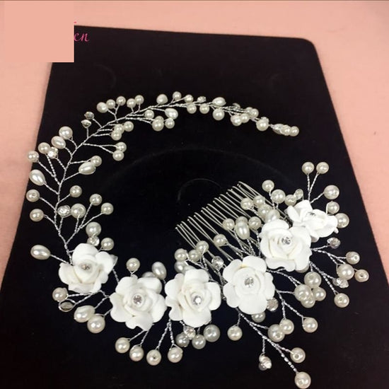 Bridal Floral Hair Comb Headband with Pearl Accents Wedding Accessory - TulleLux Bridal Crowns &  Accessories 